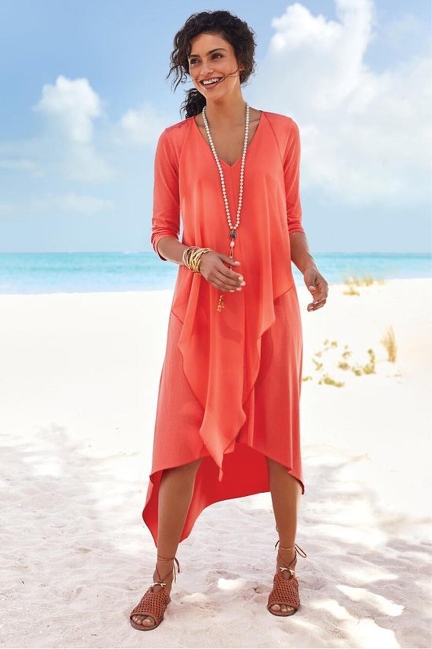 Soft Surroundings Womens Andalou Midi Dress Size M Orange 3/4 Sleeve Jersey